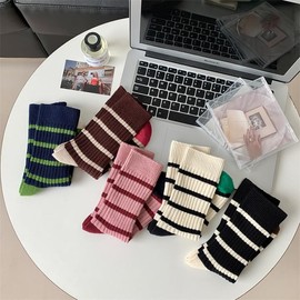 FORJMMP 5/10 Pairs Retro Style Colorful Striped Socks, Cute Athletic Crew socks for Women (5 Pairs-Set C)