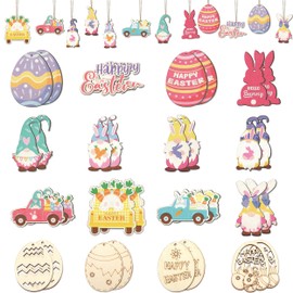 32 Pieces Easter Wooden Hanging Ornaments, Easter Hanging Ornaments Blank Wooden Tags, Easter Egg Chicks Bunny Wooden Hanging Craft Easter Decor for Home Easter Party