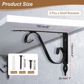 sourcing map 2 Pcs Decorative Shelf Brackets, 150mm/6 Inch Heavy Duty Floating Shelf Brackets Wall Mounted Metal l Shelf Brackets for Wall Bookshelves Shelves Support, Black
