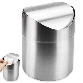Table Rubbish Bin with Lid, Mini Stainless Steel Table Waste Bin, Desktop Waste Paper Bin, 1.2 L Swing Lid Bin, Cosmetic Bin, Stainless Steel Table Waste Bin for Home, Office, Washbasin (Silver)