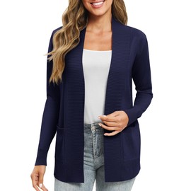 EXCHIC Women's Long Sleeve Knitted Cardigan Lightweight Cosy Open Front Long Casual Jacket with Pockets, navy blue