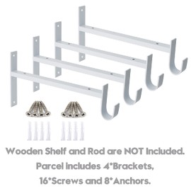 AddGrace Closet Rod Bracket Heavy Duty Shelf Brackets 10 Inch White Wall Mounted Closet Rod Support with Pole Holder Industrial Iron Shelving Supports with Hook (4 Pack)