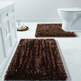 Yimobra Bathroom Rugs Sets 2 Piece, Luxury Shaggy Extra Thick Bathroom Rugs, Plush Non-Slip Mats for Bath Room Floor, U-Shaped Toilet Mat, Ultra Absorbent, 24 x 17 + 24.4 x 20.4 Inches,Brown