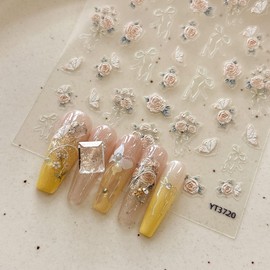 1 Sheet Pink Rose Nail Sticker Bouquet Bow Design Nail Art Decal 5D Embossed self-Adhesive Nail Design Sticker for Women DIY Spring Manicure Decoration Supplies