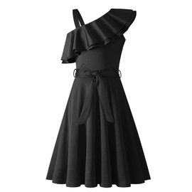Arshiner Girls Dress One Shoulder Formal Ruffle Trim Black Daddy Daughter Dance Party Dresses Kids Clothes 11-12 Years