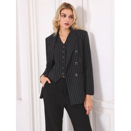 Hobemty Women's Double Breasted Blazer Vintage Pinstripe Striped Suit XX-Large Black