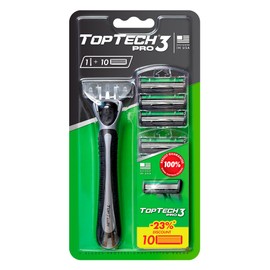 TopTech PRO 3 Razors for Men - Manual Shaving Razor & Replaceable Cartridges - 11 Count Pack (1 Handle + 10 Refills) - 3-Blades Technology - Soft Shave & Sharp Blades - Cost-effective Refill