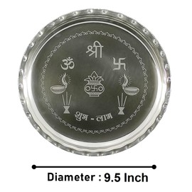 BENGALEN Silver Plated Pooja thali Set 9.5 Inch with Plate Kalash Palli Diya Kumkum Holder Bowl Dhup Dan Coin Ghanti Puja Thali for Diwali Home Mandir Office Wedding Return Gift Items