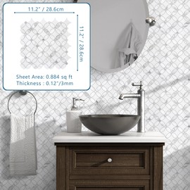 SUNWINGS 10 PCS Coin Peel and Stick Waterjet Backsplash Self Adhesive Tiles White Marble Wall Panels Stick on Backsplash for Kitchen, Bathroom, Fireplace