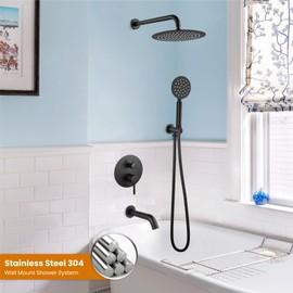 gotonovo Shower System with Tub Spout Wall Mount 3 Function Rough-in Valve Bathtub Shower Faucets Set Complete Rain 10 Inch Round Showerhead Trim Kit Combo, Round Handheld, Matte Black