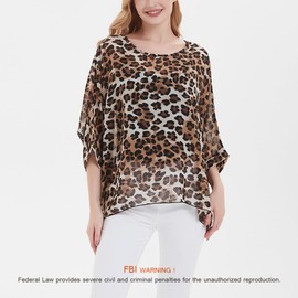 Women's Bohemian Style Summer Beach Lagenlook Top Kimono Loose Waterfall Chiffon Kaftan Poncho Shirt Leopard Brown