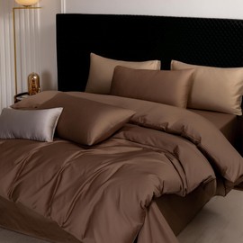 MooMee Bedding Duvet Cover Set Extra Long Staple Cotton 600 TC Egyptian Cotton Texture Silky Sateen Smooth Luxury Soft Comfortable Durable (Chocolate Brown, King)