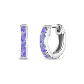 925 Sterling Silver Lavender Simulated Opal Inlay Huggie Hoop Earrings For Little Girls and Preteens 8mm - Children's Purple Huggie Hoop Earrings - Little Girls Hoop Earrings