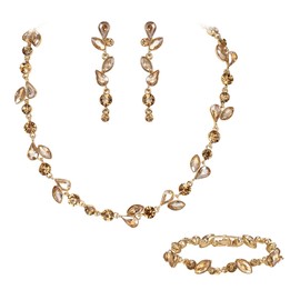 EVER FAITH Crystal Bridal Bridesmaid Jewelry Sets, Elegant Marquise Round-Shaped Rhinestone Leaf Necklace Dangle Earrings Bracelet Set for Women Brown Gold-Tone