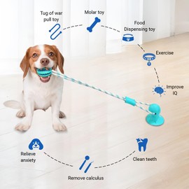 Dog Chew Toys for Aggressive Chewers, Tug of War Suction Cup, Dog Puzzle Toys Treat Food Dispensing Ball, Puppy Rope Enrichment, Indestructible Treat Food Dispensing Ball (Blue)