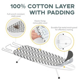 Folding Ironing Board for Small Space, RAINHOL Mini Collapsible Ironing Boards, with Hook, Iron Rest, Heat-Resistant 100% Cotton Cover and Pad, Gray and White Stripes, 31" x 12", Steel Mesh