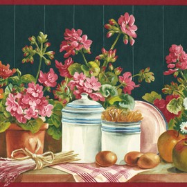 CONCORD WALLCOVERINGS ™ Wallpaper Border Country Pattern Flowers Tableware Apples Grapes Eggs for Cottage Kitchen Dining Room, Green Red Brown Pink, 10 Inches by 15 Feet BB101904