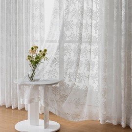 LUGOTAL Pinch Pleated Curtains White Sheer Curtains 84 Inches Long 1 Panel - Embroidered Flower Pattern Semi Sheer Curtains Light Filtering Pinch Pleat Window Drapes for Living Room, W54 x L84