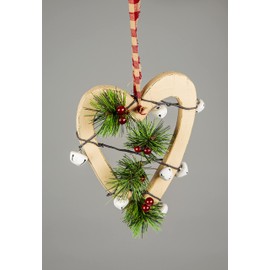 23cm Cream Wooden Heart Wall Hanging Ornament Decorated with White Bells Berries and Pines Christmas Holiday Home Decorations