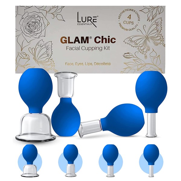 Facial Cupping Set - 4 Cups Glass Face Cupping Set, Cupping Therapy Set in Exquisite Box with Instructions, Blue