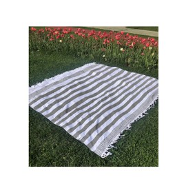 Cottonna 100% Luxury Turkish Cotton Oversized Beach Blanket, 80" by 80", Peshtemal Front with Terry Loop Back, Fouta Blanket, Throw, Terrypesh Beach Towel Queen Size (Gray Stripes)