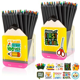 YGAOHF 2 Pack Pencil Shaped Pen Holder for Desk, Cute Sharp Dull Pencil Cups with 50 Pcs Stickers, Acrylic Makeup Brush Holder, Desktop Organizer Container for Back to School Teachers Classroom