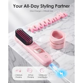 Cordless Hair Straightener Brush with Charging Dock, Portable Travel Hair Straightening Brush with 300M Negative Ions, 10,000mAh Battery, Fast Heating