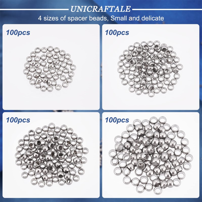 UNICRAFTALE 400 Pieces 4 Sizes Spacer Beads 304 Stainless Steel