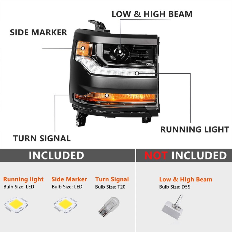 VLINCAR Headlight Assembly Compatible with Chevy Silverado 1500 2016 2017
