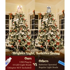 Luxspire Christmas Tree Topper, 12" Lighted Angel Tree Topper, Christmas Lights with USB Plug in & Remote Control, Light up Vintage Modern Xmas Tree Ornaments Decoration for Home Party Decor,Red Dress