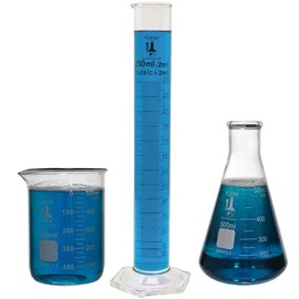 Beaker, Flask, and Cylinder Set, 3.3 Boro. Glass - 3 Pieces - 500ml Beaker, 500ml Flask and 250ml Cylinder, Karter Scientific 233Q2