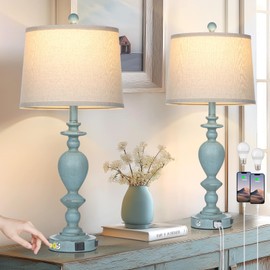 Cinkeda 27.5" Coastal Table Lamp for Living Room Set of 2,Retro Blue Bedside Nightstand Lamps with USB C+A Ports & AC Outlet,3-Way Dimmable Touch Control Desk Lamp for Bedroom