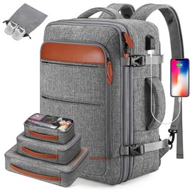 Bagsure 42L Travel Backpack, Hidden Straps, 3 Packing Cubes, Laptop Compartment, TSA-Friendly, Overnight, Weekend Luggage Adventure:_Blue-brown