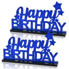 DecoGlee Glitter Blue Letter Happy Birthday Sign Centerpieces for Table Birthday Party Supplies Birthday Favor Decoration for 30th 40th 50th 60th 70th 80th 90th 100th Birthday Table Decoration