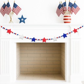 4.2 FT Patriotic Wooden Beads Garland with Red White Blue Stars, 4th of July Rustic Farmhouse Beaded Banner for Independence Day, Memorial Day, Veterans Day, Shelf, Mantel, Wall, Fireplace Decorations