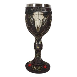 Ebros Gift Rustic Western Bull Cow Skull With Floral Scroll Lace And Red Gems Dark Maroon Wine Goblet Chalice Cup Ranch Country Wild West Southwestern Accent