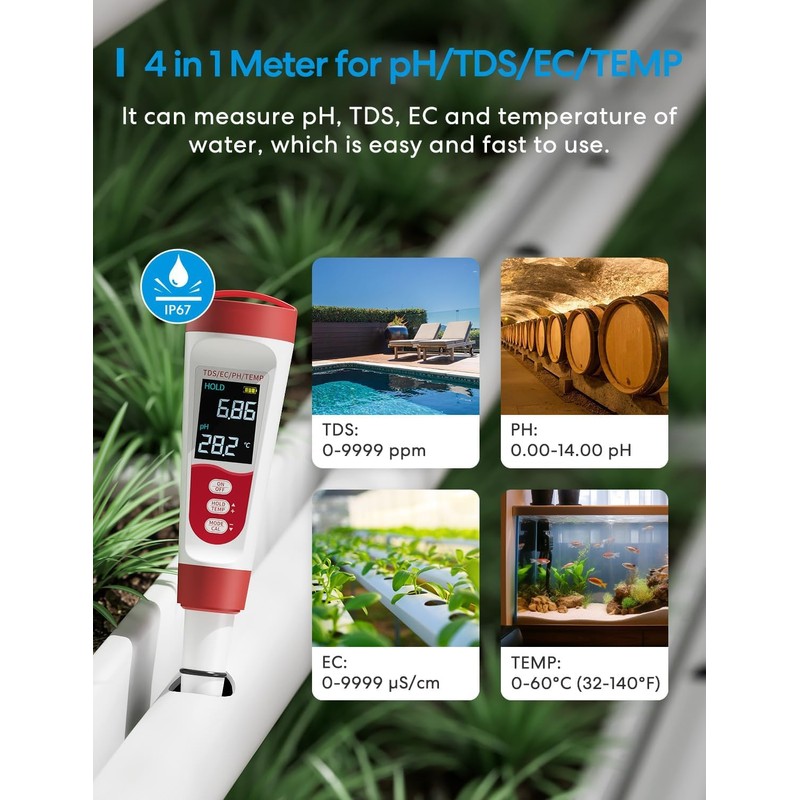 Flysocks 4-in-1 Digital Water Tester - Measure pH, TDS, EC
