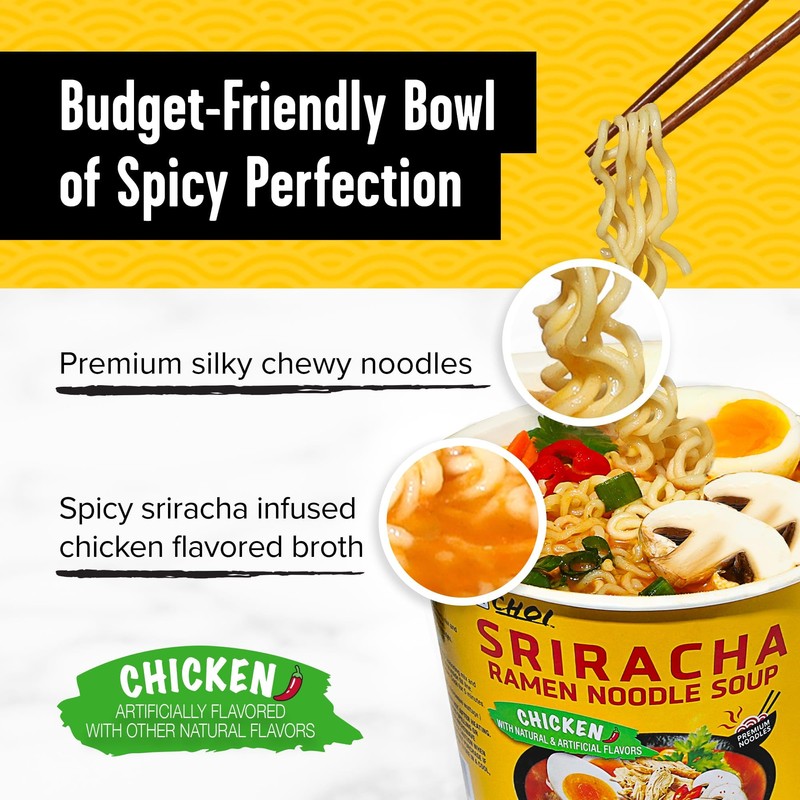CHOI Sriracha Ramen Noodle Soup, Chicken Flavored - Microwavable Bowl,