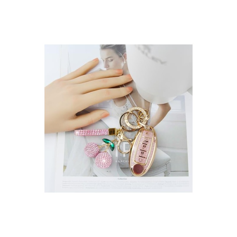 Sparkly Gold Pink Key Fob Cover with Cherry Keychain for