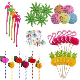 Weforu 70 pcs Cocktail Umbrella Picks, Flamingo Foil Fireworks Sticks, Pineapple Palm Tree Cupcake Fruit Sticks Bamboo Toothpicks Straws for Food Drinks Hawaiian Party,Children's Day