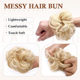 Benehair Tousled Updo Messy Bun Hair Piece Fluffy Scrunchy Hair Pieces for Women Wavy Hair Bun Scrunchies Donut Hairpiece Synthetic Chignons With Elastic Rubber Band Dark Blonde & Bleach Blonde