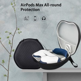 PowerDriver Case Compatible with Airpods Max Headphones, Hard Organizer Portable Carry Storage Bag, Travel Carrying Case with Silicone Case Cover, Storage Bag for AirPods Max (Black Case+M Blue)