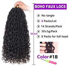 ZRQ 8 Packs Boho Faux Locs Crochet Hair 18 Inch Goddess Locs Crochet Braids Hair, Pre Looped Boho Soft Locs With Curly Ends Hippie Locs Hair Extensions 1B#