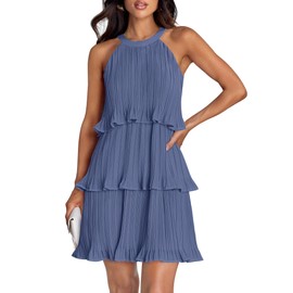 ZESICA Women's 2025 Summer Halter Dresses Sleeveless Ruffle Tiered Layered Chiffon Pleated A Line Swing Mini Dress,Dustyblue,Medium