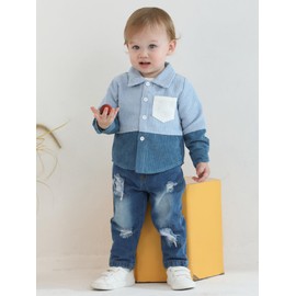 NZRVAWS Baby Boy Clothes Toddler Clothing Blue Block Pocket Shirt Denim Ripped Jean Long Pants Infant Boys Fall Winter Outfits Set 6 12 Months
