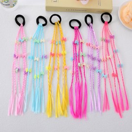 Hair Accessories for Girls 6 Colors 30 Strands Colored Hair Extensions with Cute Resin Bow Tie Colorful Rainbow Braided Ponytail Extension with Rubber Bands Crazy Hair Day Accessories for Girls