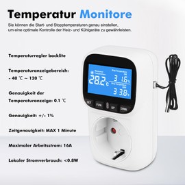 Digital Temperature Controller Socket 230 V with Sensor, Heating Cooling Thermostat Socket, Socket Thermostat with Timer Alarm for Greenhouse, Aquarium, Terrarium, Reptiles