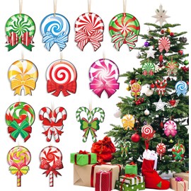 HOWAF 36pcs Peppermint Christmas Tree Ornaments,Christmas Candy Wood Ornaments Christmas Tree Decor,Christmas Colorful Lollipop Candy Hanging Ornaments with Rope for Sweet Xmas Holiday Party Supplies