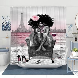 TYAKASHA African American Woman Shower Curtain Waterproof Polyester Fabric Shower Curtain for Bathroom Grey Bathroom Curtain Machine Washable Quick Dry 72 x 72 Inches with 12 Hooks