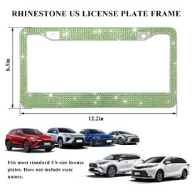 SHMZK Bling Car License Plate Frame, Handcrafted Rhinestone License Plate Frame with Glitter Screw Caps, Sparkly Bedazzled Diamond Stainless Steel License Plate Holder for Women (Light Green)